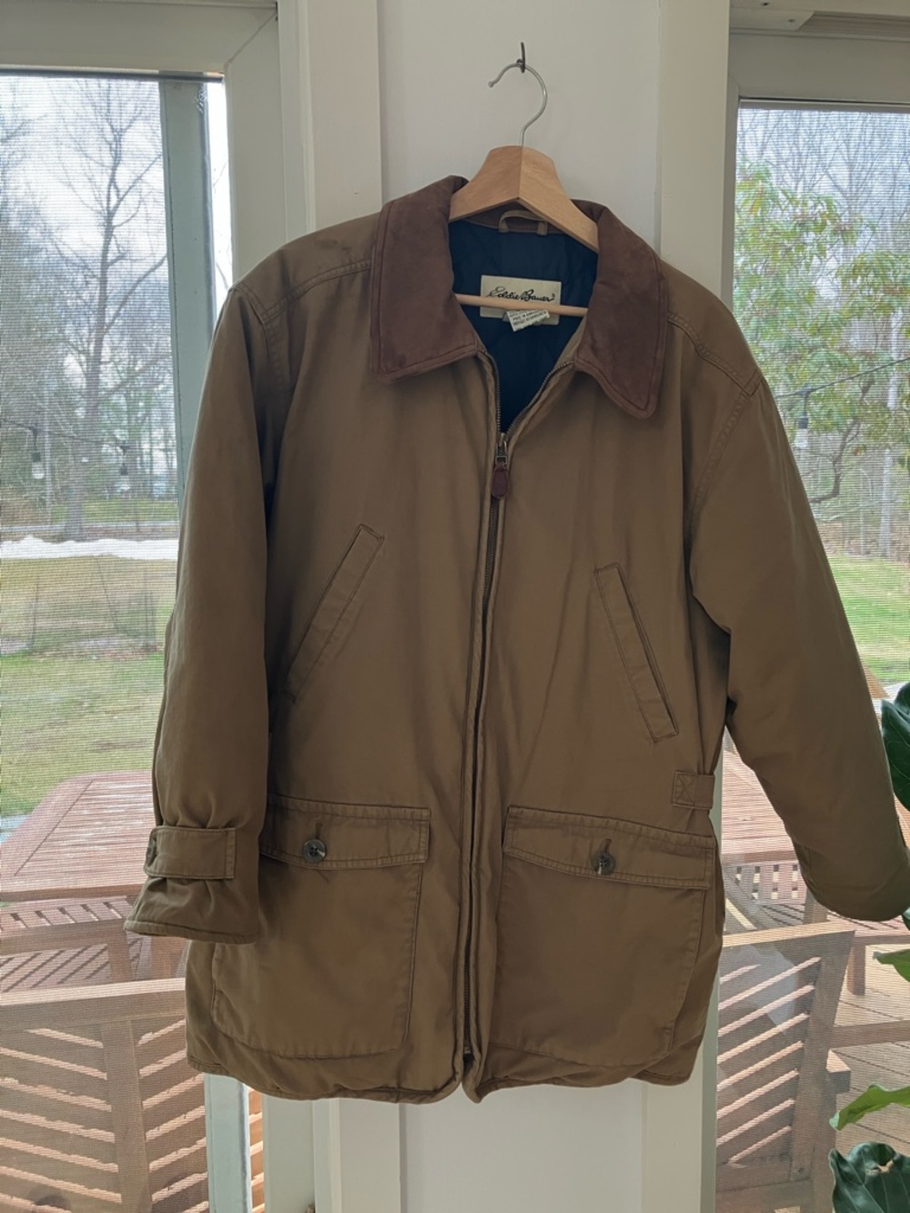 Eddie Bauer womens Tan Field Jacket with Brown Suede Collar goose down filled